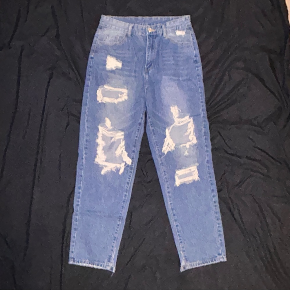 SHEIN Blue Distressed Straight Leg Jeans